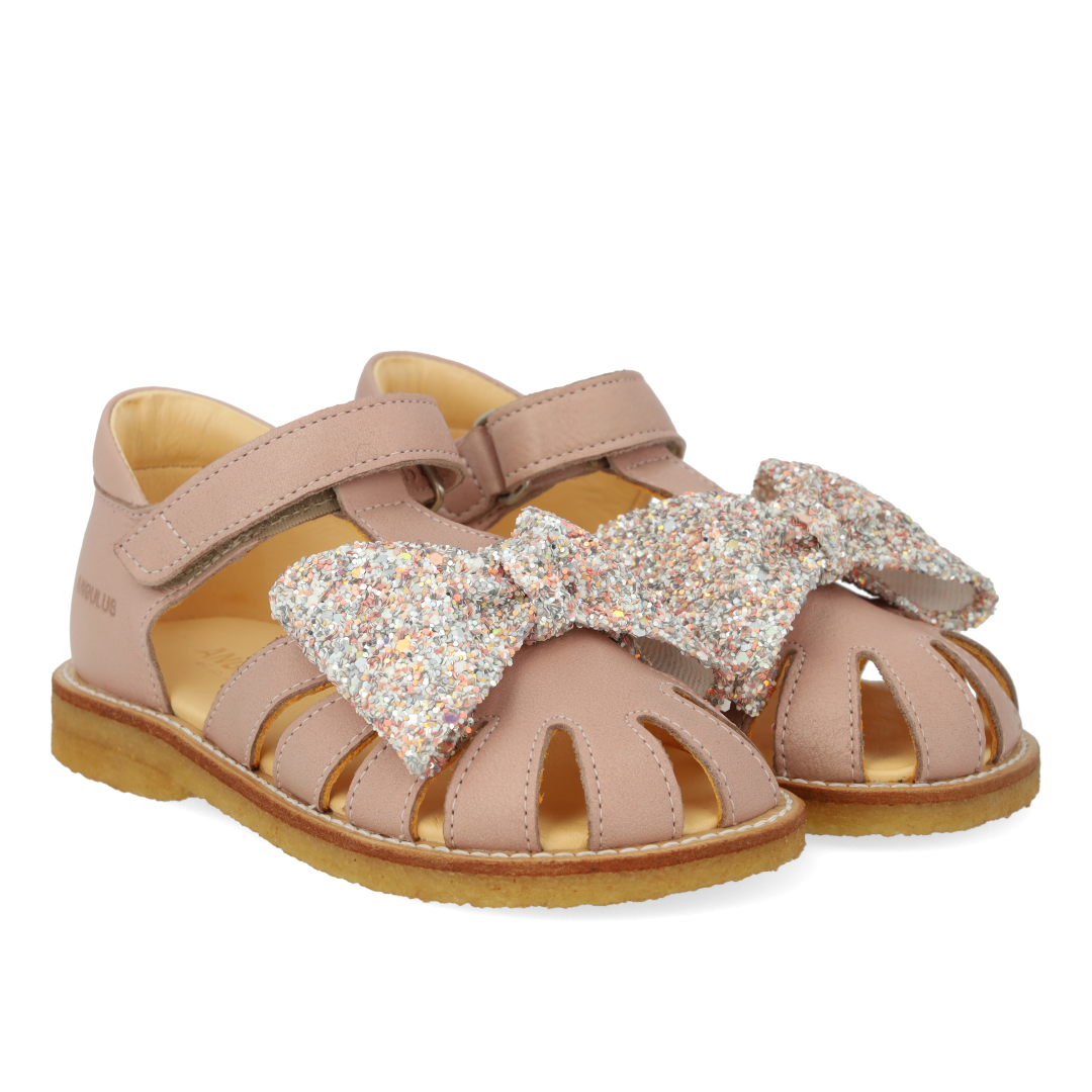 Toddler sandal with glitter bow and Velcro closure