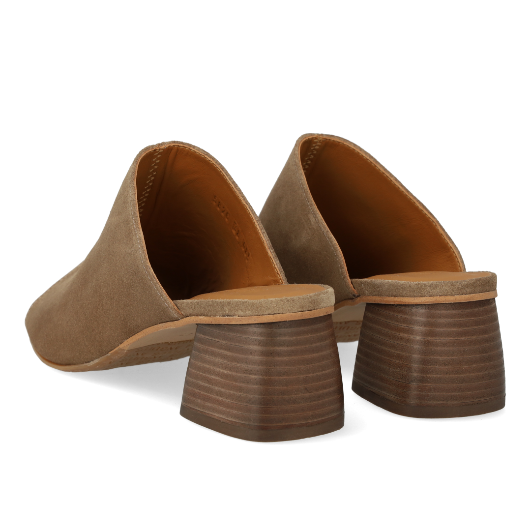 Mule with sculptural wooden heel
