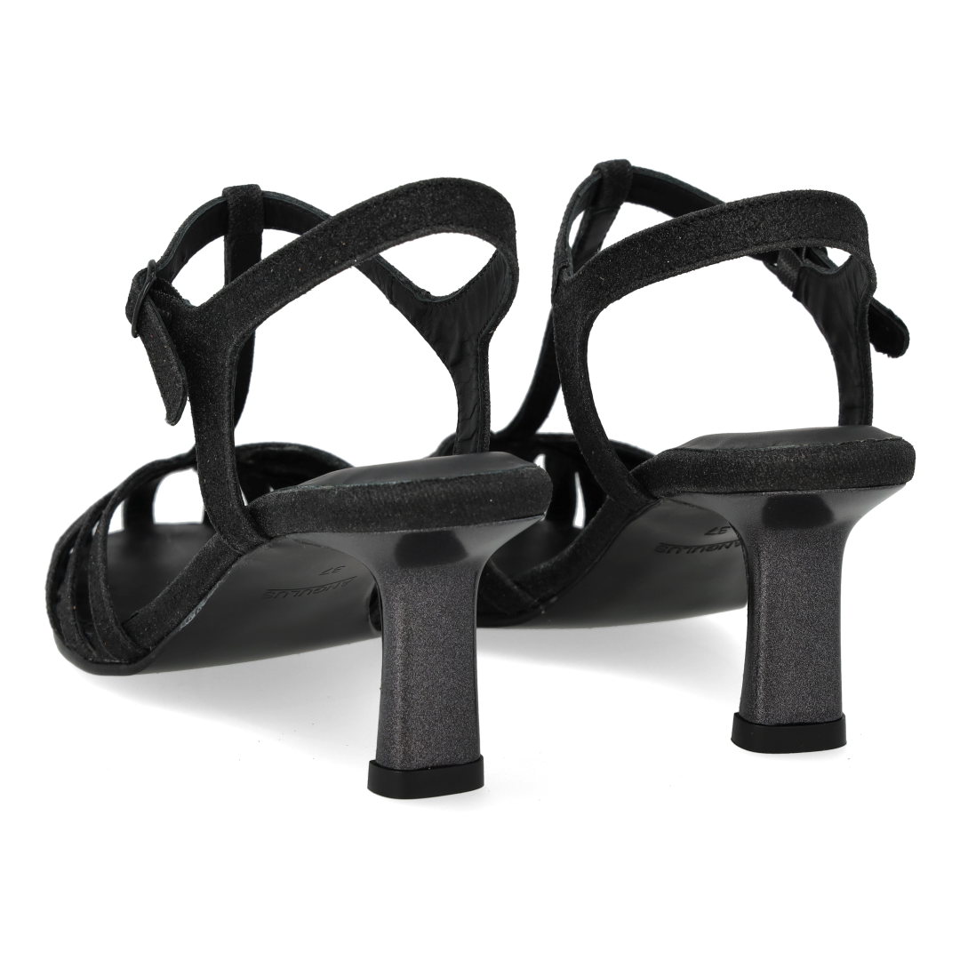 High-heeled glitter sandal with organic front detail