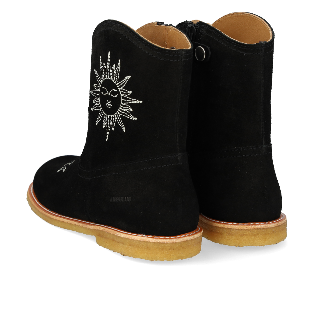 Cowboy boot with sun and moon embroidery