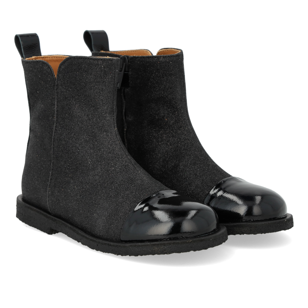 Glitter ankle boot with patent toe