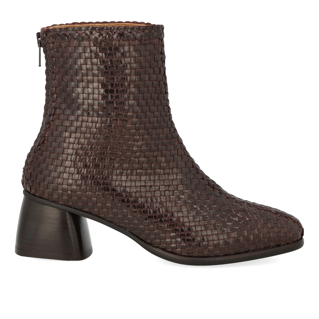 Hand-braided leather ankle boot with sculptural block heel