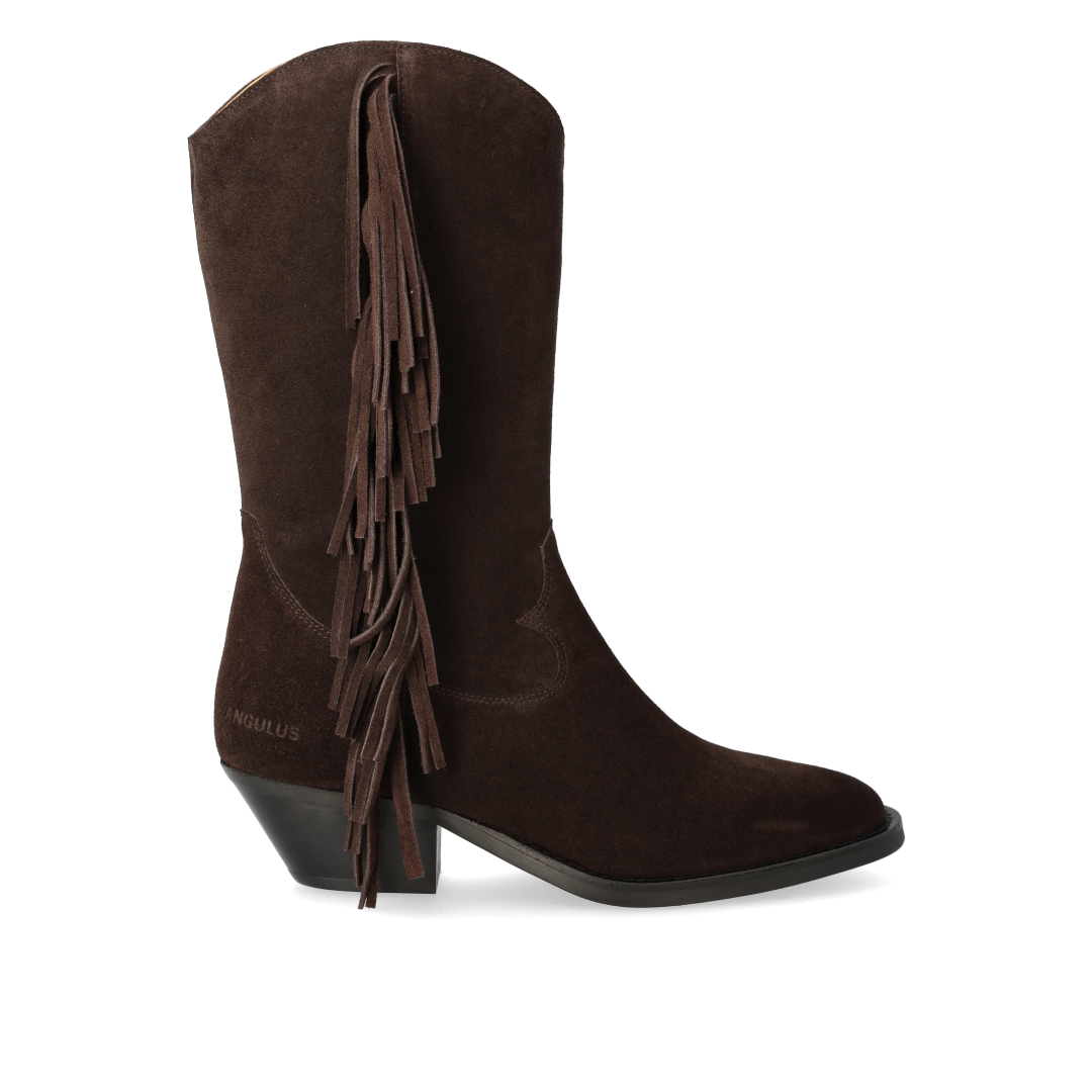 Cowboy boot with curved shaft and fringes
