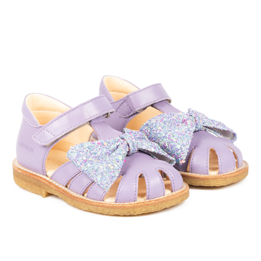 Starter sandal with glitter bow and velcro closure