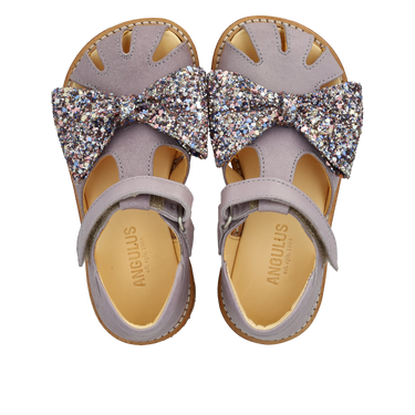 Starter sandal with glitter bow and velcro closure