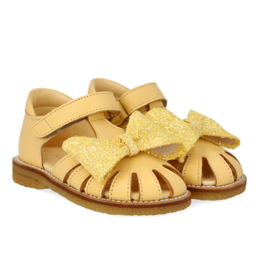 Starter sandal with glitter bow and velcro closure