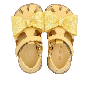 Starter sandal with glitter bow and velcro closure