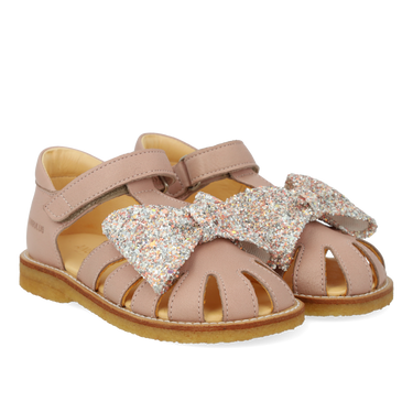 Starter sandal with glitter bow and velcro closure