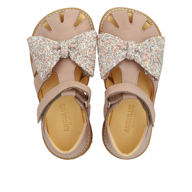 Starter sandal with glitter bow and velcro closure
