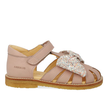 Starter sandal with glitter bow and velcro closure