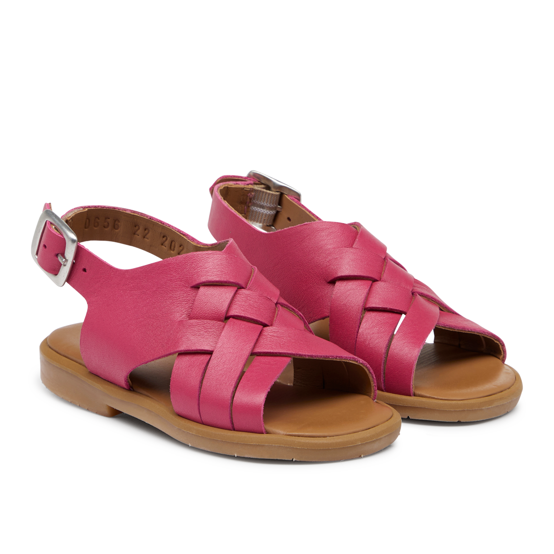 woven sandal with open toe and buckle closure
