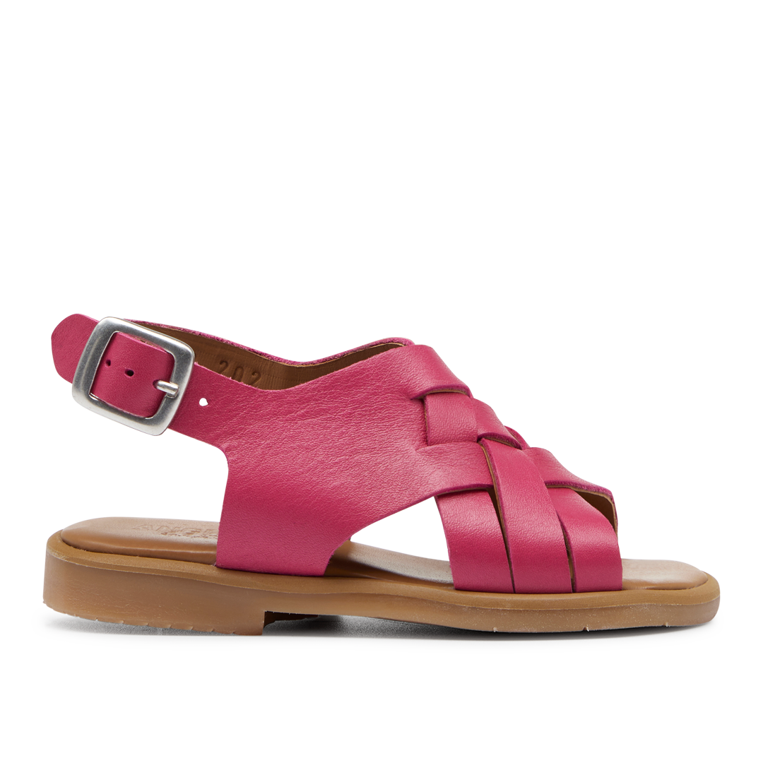 woven sandal with open toe and buckle closure