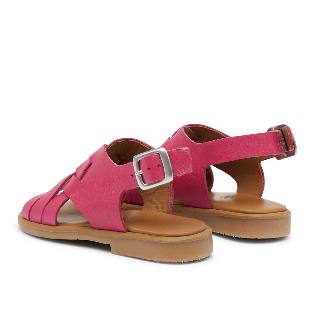 woven sandal with open toe and buckle closure