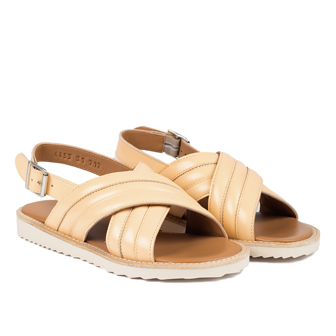 Padded cross sandal with buckle closure