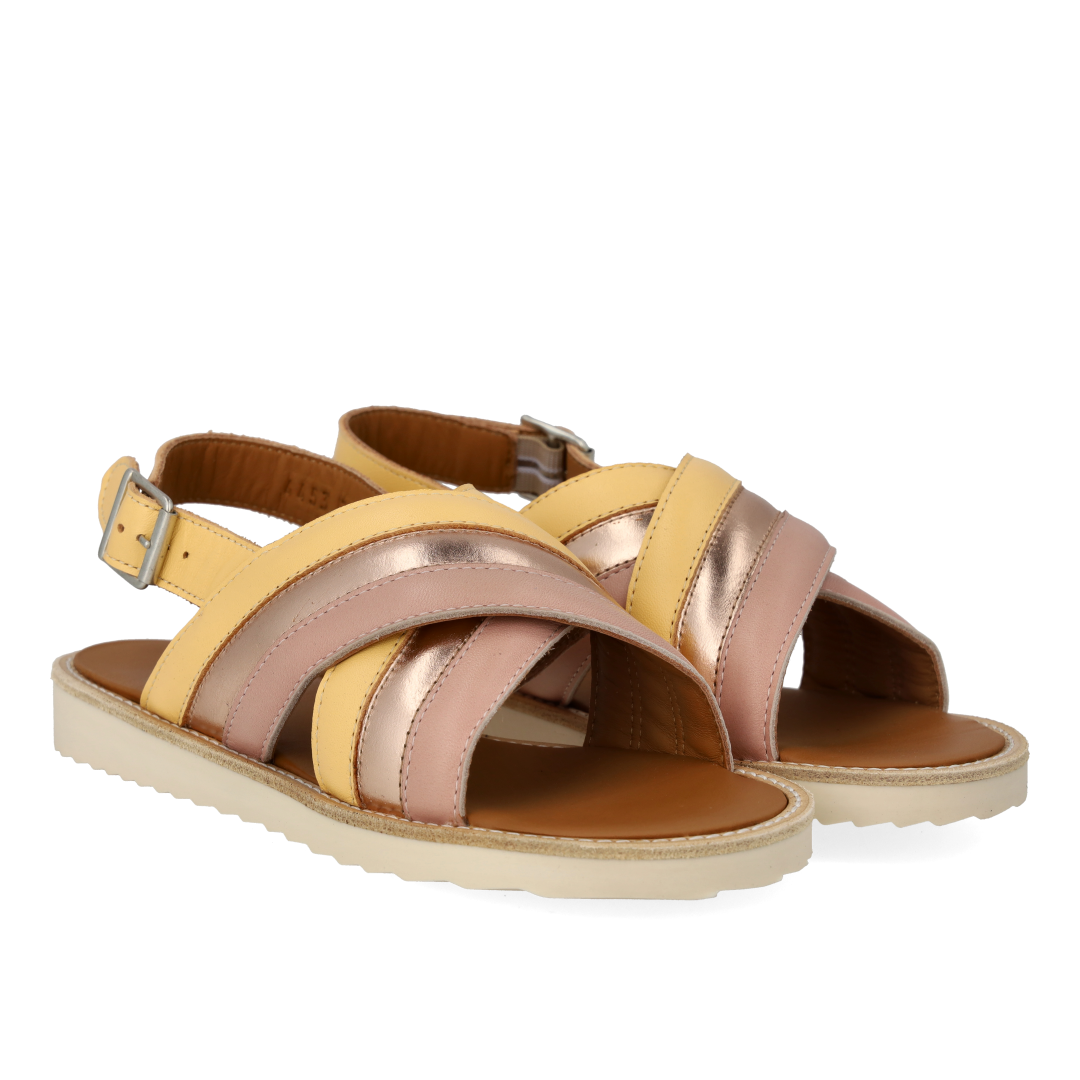 Padded cross-strap sandal with buckle closure