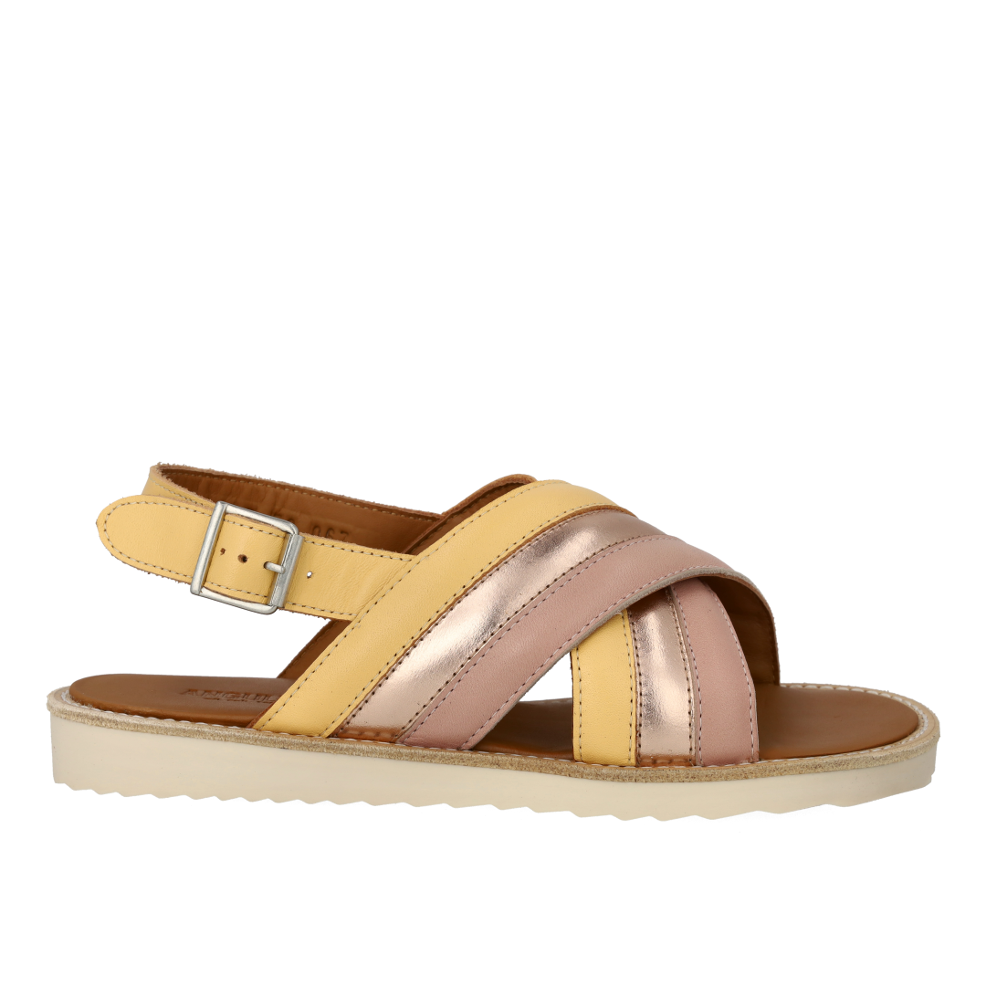 Padded cross-strap sandal with buckle closure
