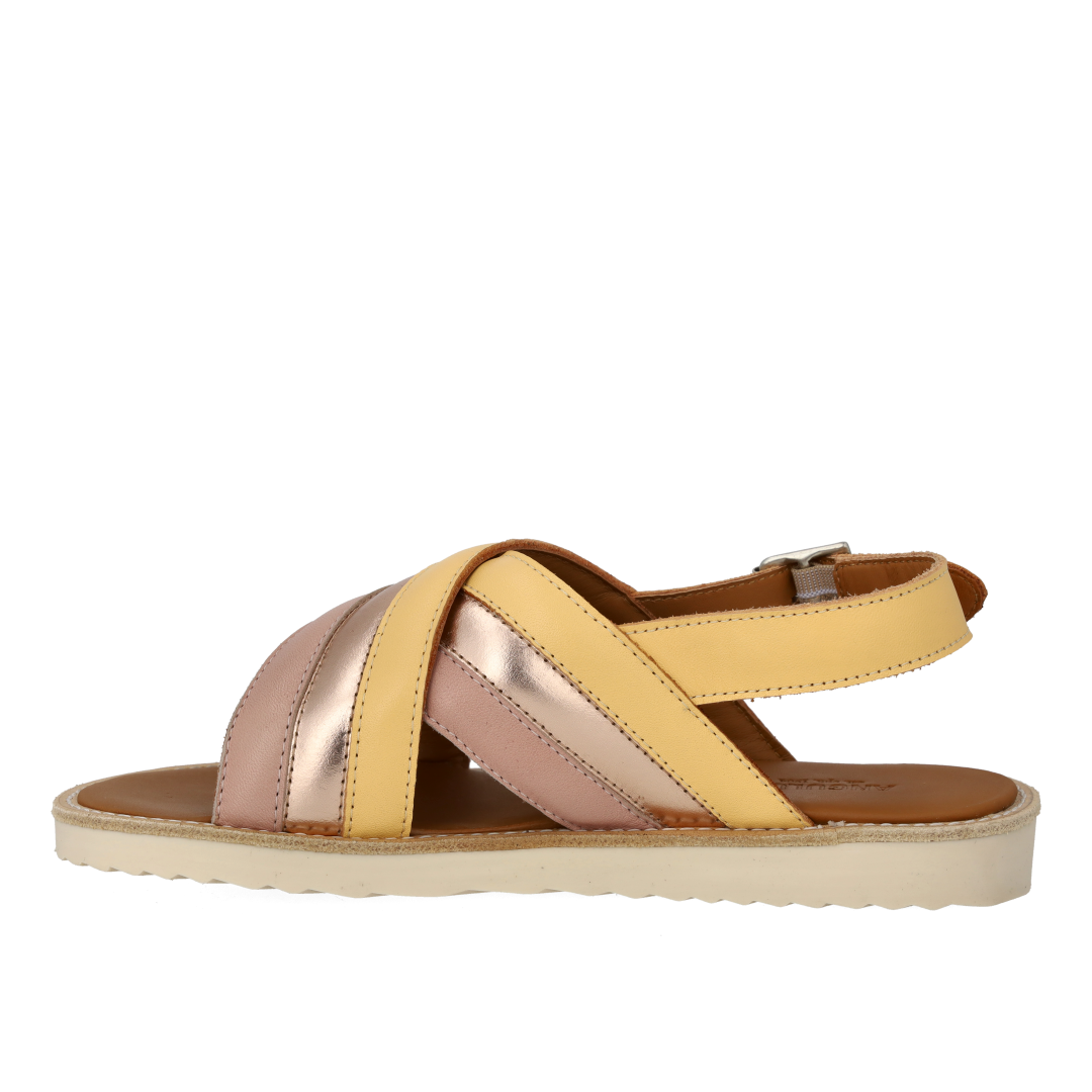 Padded cross-strap sandal with buckle closure