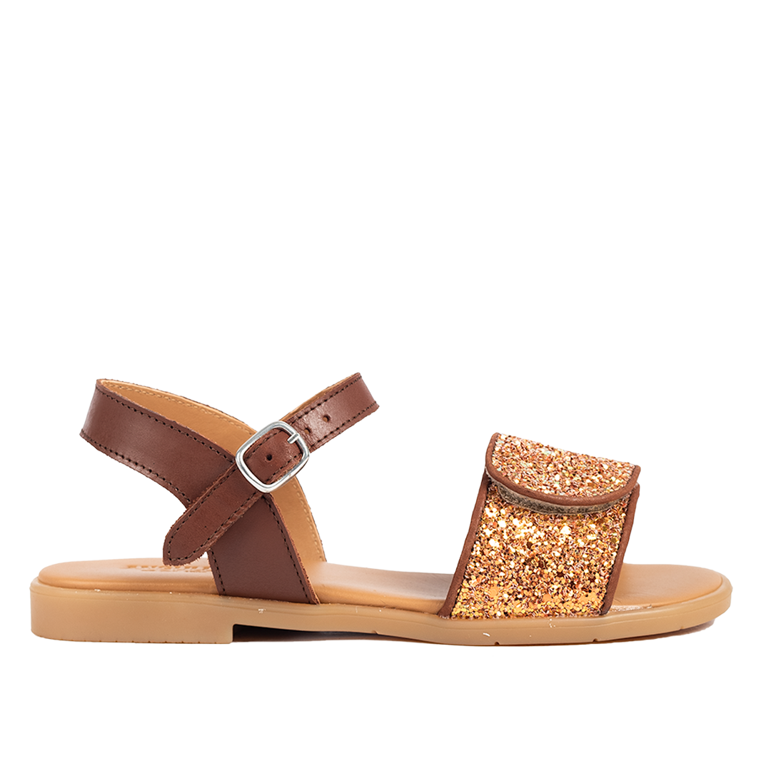 Glitter sandal with buckle and Velcro closure