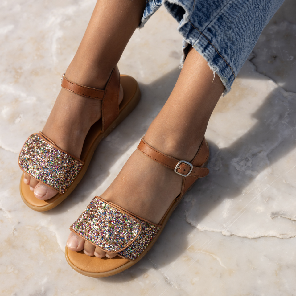 Glitter sandal with buckle and Velcro closure