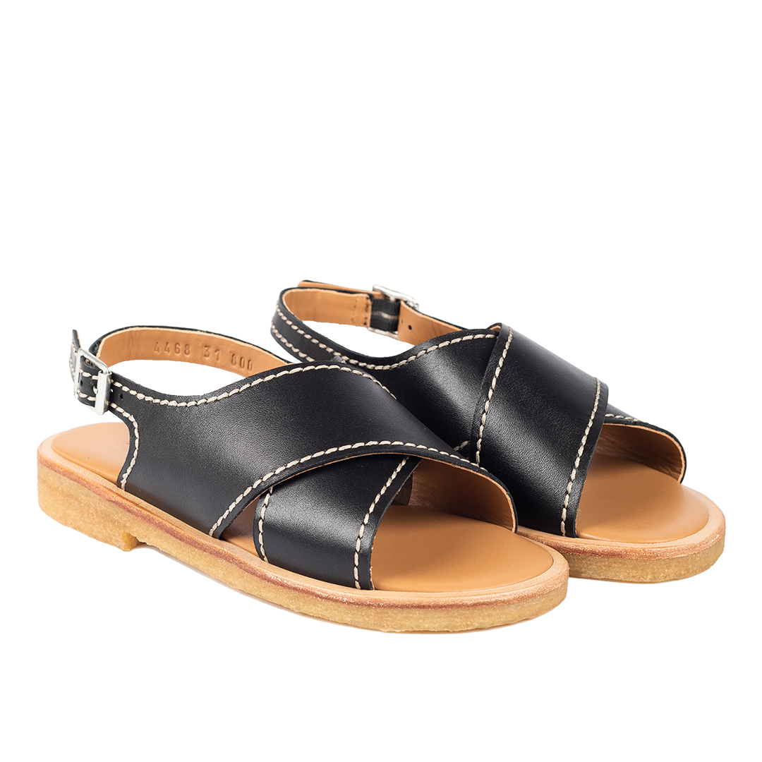 Cross-strap sandal with detailed stitching and buckle