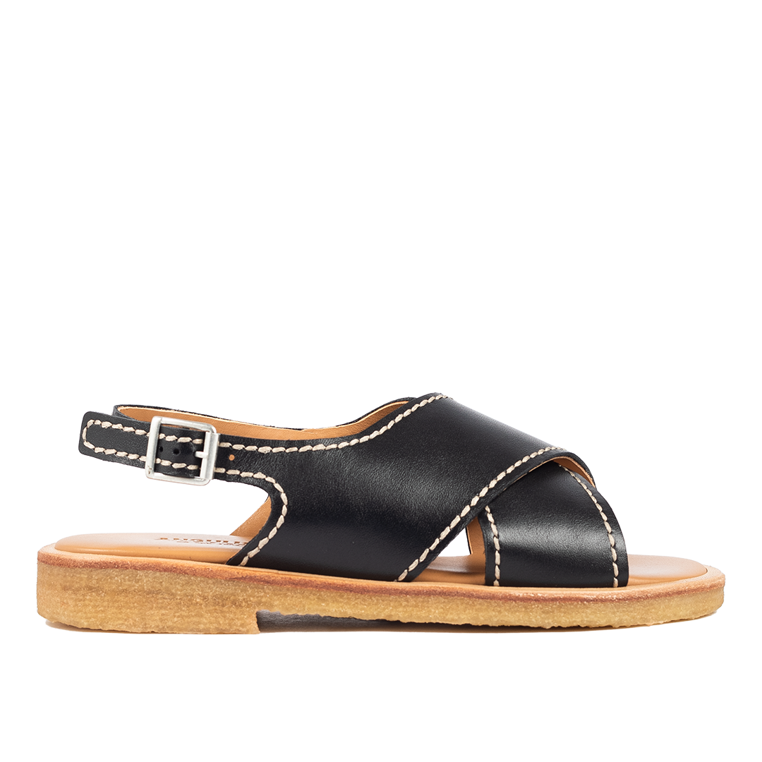 Cross-strap sandal with detailed stitching and buckle