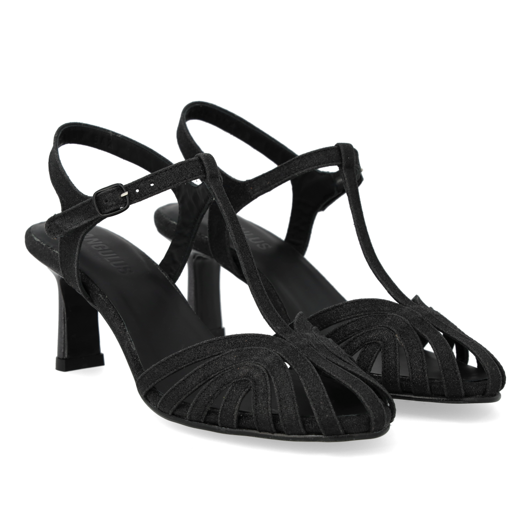High-heeled glitter sandal with organic front detail