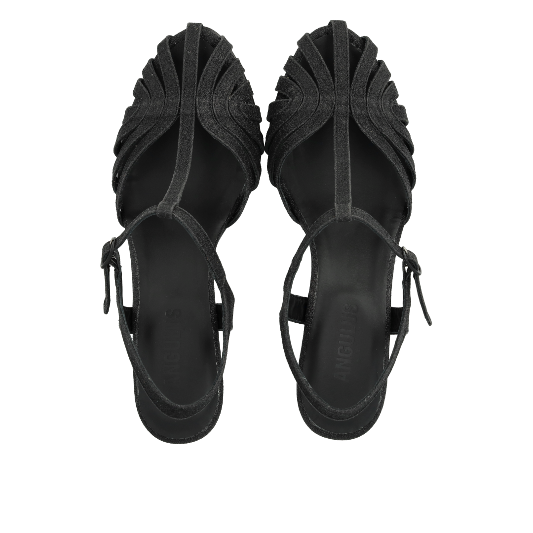 High-heeled glitter sandal with organic front detail