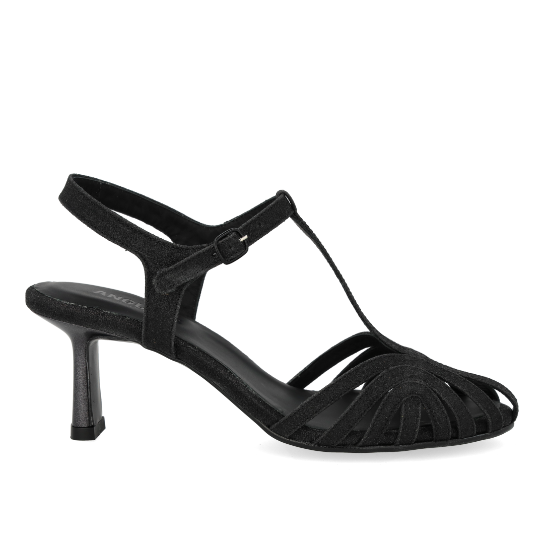 High-heeled glitter sandal with organic front detail