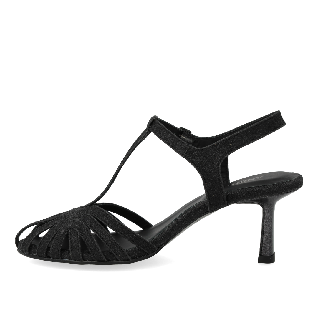 High-heeled glitter sandal with organic front detail