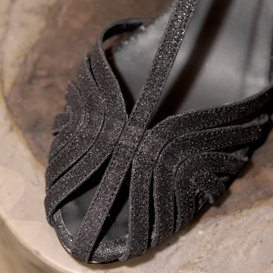 High-heeled glitter sandal with organic front detail