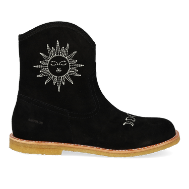 Cowboy boot with sun and moon embroidery