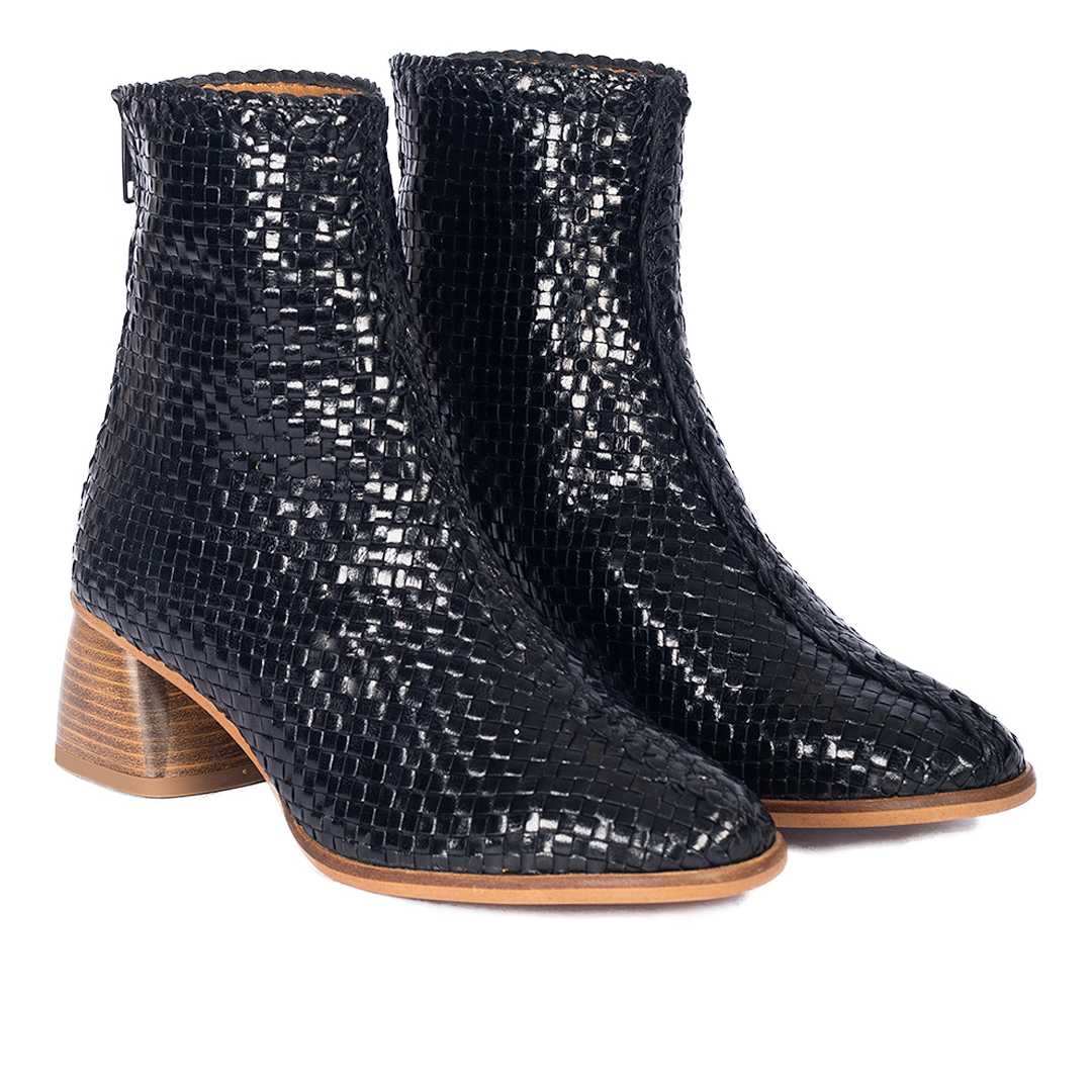 Hand-braided leather ankle boot with sculptural block heel