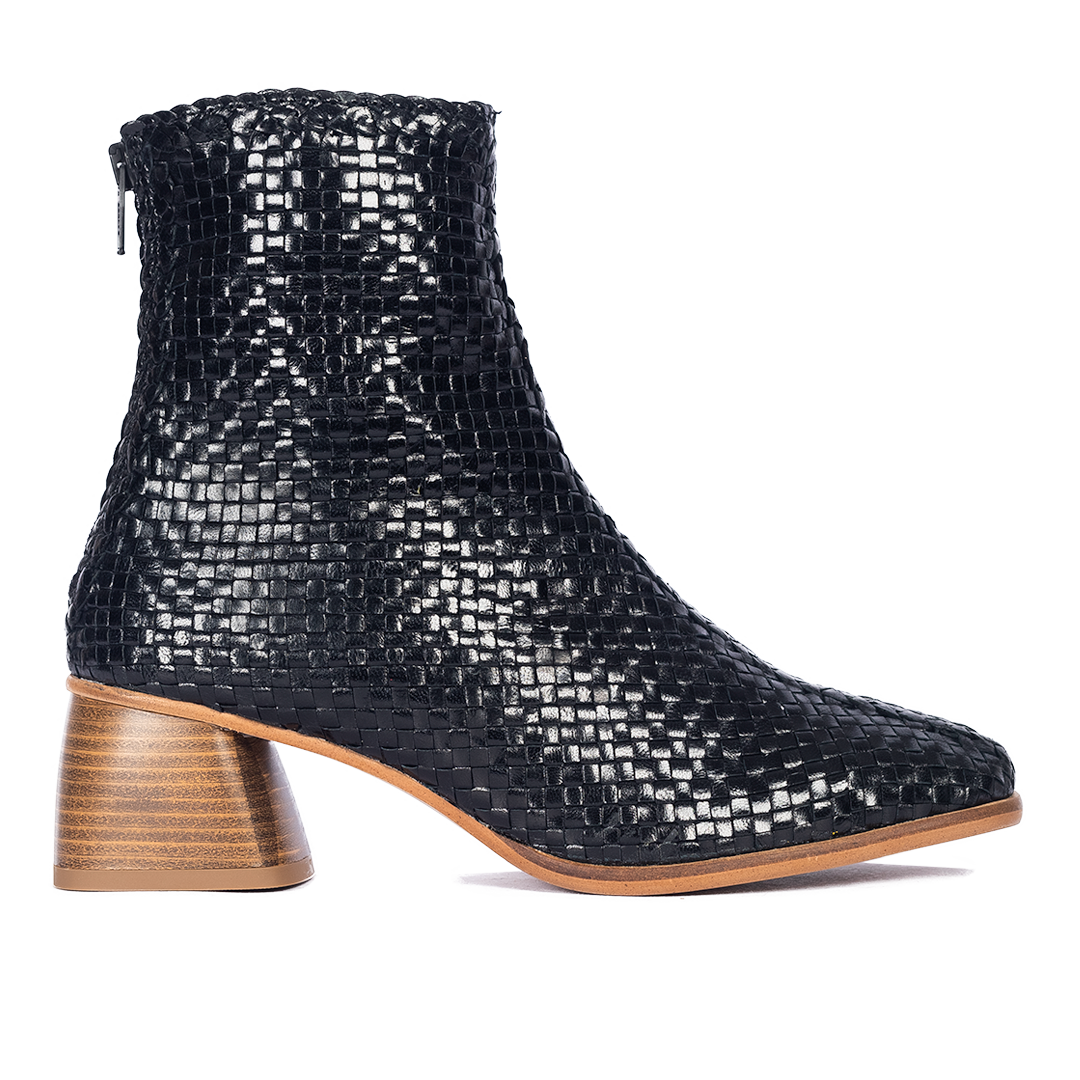 Hand-braided leather ankle boot with sculptural block heel