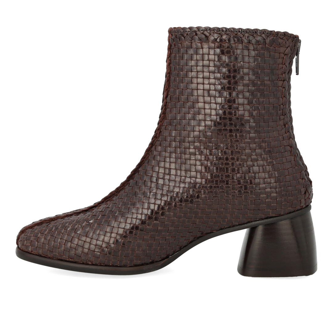 Hand-braided leather ankle boot with sculptural block heel