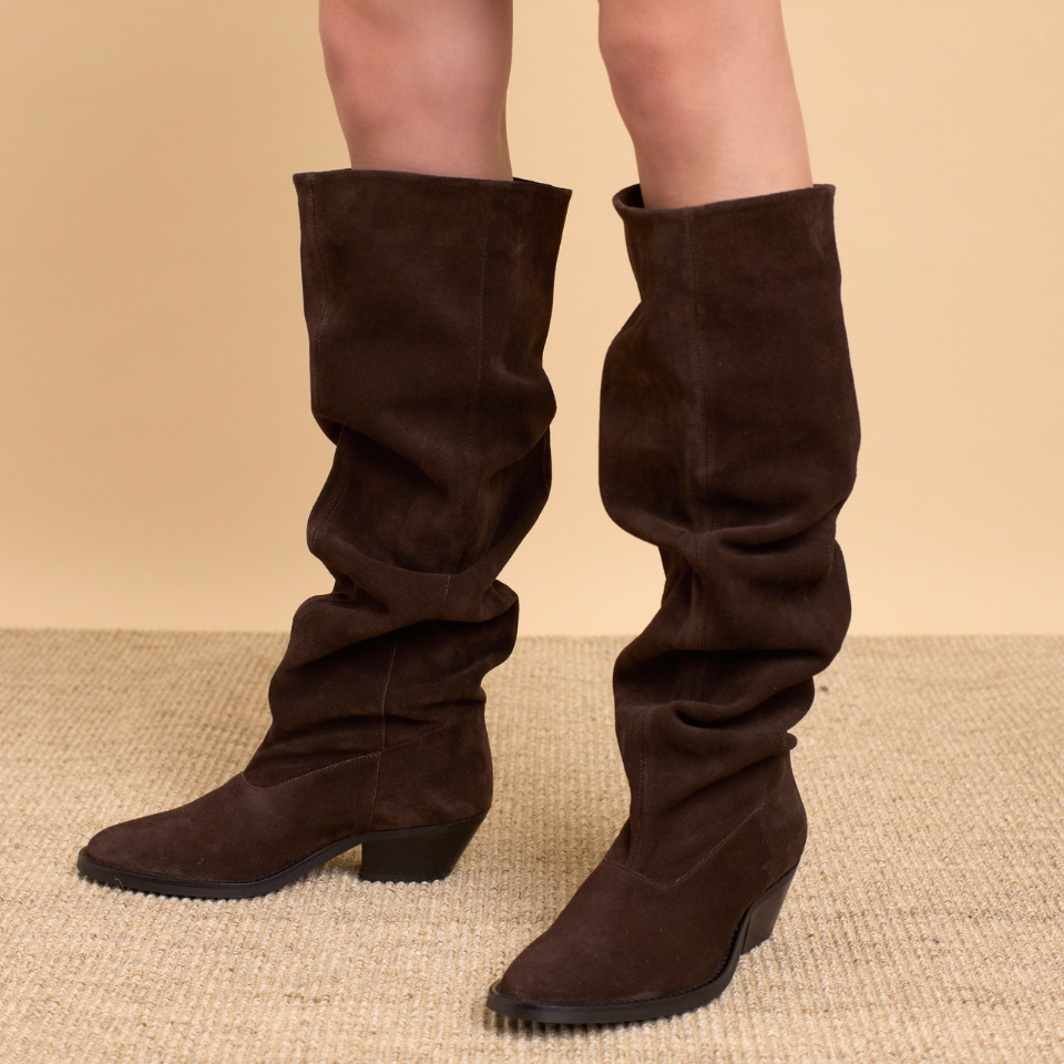 Long Shafted suede boot with ruched effect